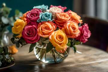 Wall Mural - Bouquet of colorful roses in a vase on a wooden table