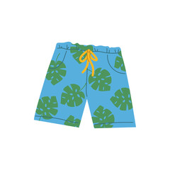 Wall Mural - Male fashion blue swimming trunks with green leaves of monstera. Flat vector isolated illustration of cartoon trendy male beachwear.