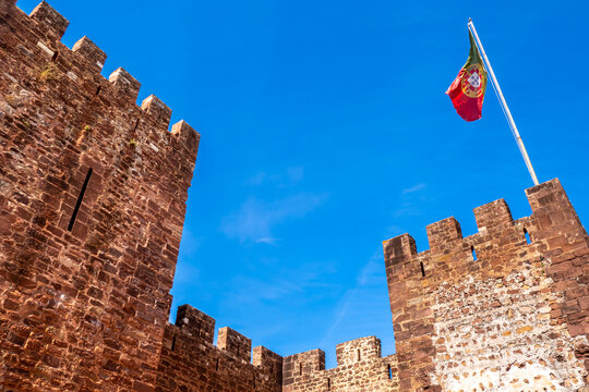 majestic two principal towers of castelo de silves, an ancient moorish fortress with imposing stone 