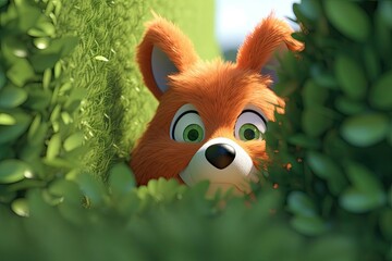 Poster - 3D cartoon furry fox peeks out from behind a bush. Its curious gaze capturing your attention. Generative AI