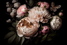 Exquisite Baroque-victorian Bouquet Of Pink-and-white Peonies And Roses; Featuring Beautiful Garden Flowers With Leaves And Butterfly, On A Black Background. Generative AI