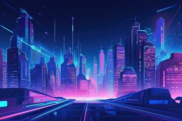 Wall Mural - In the futuristic city illustration. Holographic billboards light up the night sky neon tone. Generative AI