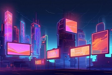 Wall Mural - In the futuristic city illustration. Holographic billboards light up the night sky neon tone. Generative AI