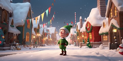 Poster - Cute Cartoon Elf in a Christmas Village (Generated with AI)