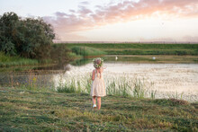 A Little Girl In A Dress And A Wreath Looks At A Swan In The Water At Sunset