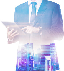 Wall Mural - Businessman and tablet pc   on  background