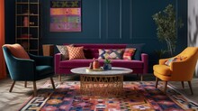 A Funky Living Room With A Mix Of Bold Colors And Geometric Patterns, Featuring A Retro Rug, Generative Ai
