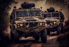 A Group Of British Army Land Rover Defender Wolf Utility Vehicles During A Military Exercise. Generative AI