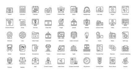 Wall Mural - Content Creator Thin Line Icons Influencer Streaming Icon Set in Outline Style 50 Vector Icons in Black