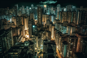  long exposure drone shot of mega city skyline at night, iluminated streets and signs, generative AI