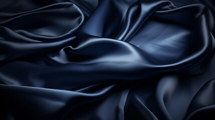 Blue abstract background. Dark blue silk satin texture background. Shiny fabric with wavy soft pleats. Dark blue elegant background with copy space for your design. Liquid wave effect. Generative AI
