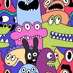 Cartoon monsters seamless emoticons aliens pattern for kids clothes print and wrapping paper and fabrics