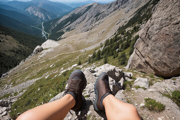 close-up of the trekking shoes of a hiker crossing a mountainous area, sitting with his legs danglin