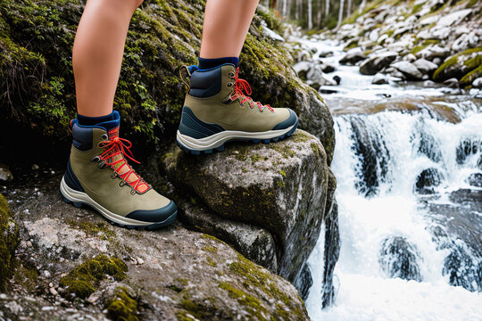 a close-up of a hiker's trekking shoes crossing a mountainous area near a waterfall. generative ai.