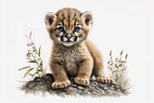 Baby Cougar Isolated On A White Background  Generative AI
