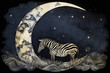 Zebra sleeping under a Crescent moon isolated on a white background Generative AI