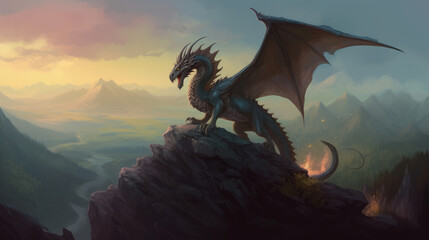 Wall Mural - dragon in the night, mystical dragon perched on a rocky terrain with valley behind him, generative ai