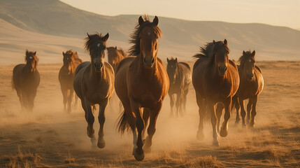 Wall Mural - Group of majestatic and graceful horses, generative ai