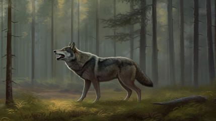 Poster - portrait of a wolf, wolf howls  at edge of a forest with fog behind him, generative ai