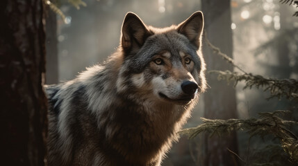 Poster - wolf on a meadow, wolf in a misty conifers wood, generative ai