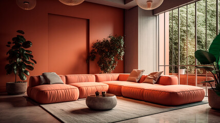 Wall Mural - Coral and terracotta living room accent sectional sofa. The walls are dark beige. great art gallery location. Colorful house interior mockup. Generative AI