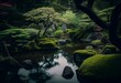 serene Japanese garden with lush foliage, moss, and tranquil water features. Generative AI