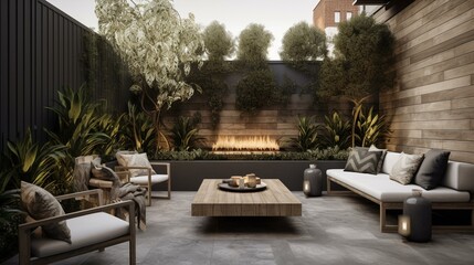 A modern and stylish outdoor lounge area with comfortable seating and a statement fireplace, perfect for entertaining. Generative AI