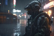 Cyberpunk Soldier City Patrol - 3D Illustration Of Science Fiction Military Robot Warrior Patrolling Nighttime In The Heavy Rain. Generative AI