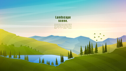 Vector illustration. Flat polygonal design. Nature landscape. Panoramic view. Design element for web banner, website template. Cartoon style. Forest trees on hills by the water. Misty mountains