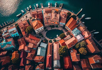 Aerial view of colorful architecture and channels in the town of Grado, in Friuli-Venezia Giulia. Generative AI