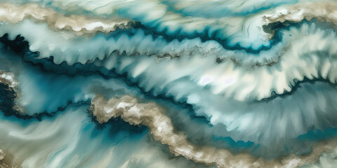 Wall Mural - Illustration of wavy texture abstract alcohol ink background in aquamarine and beige colors. Contemporary liquid art. Background, wallpaper. Mixing colors. Generative AI technology.