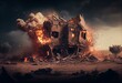 A house destroyed by rocket in war, resulting in fire and crash. Made with advanced technology. Generative AI