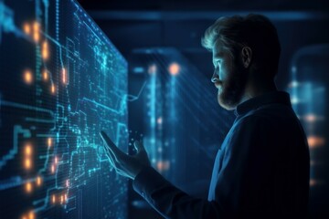 Male Software Architect IT specialist works with infographic hologram. AI generated, human enhanced.