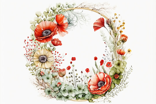 wreath of red poppy flowers white background. template, mocap for postcard invitation, watercolor st