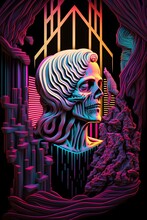 Paper Quilling Of The Geometric Goddess Of Death Skull Crown Carved From Gold Marble Draped In Red Nightmares Smoke Purple Neon Pink Psychedelic Swirls 3 Screenshot Of 1980s 32bit Isometric Rpg 