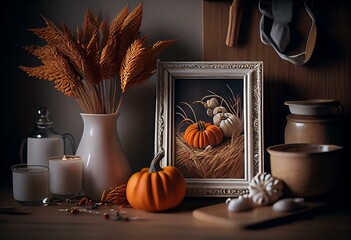 Autumn themed still life with picture frame, pumpkins, wheat in Scandinavian kitchen. Harvest, Thanksgiving, fall. Generative AI