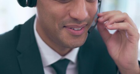 Canvas Print - Customer support, smile and business man talking, speaking and discussion for help, service and contact. Call center, communication and mouth closeup of male consultant for crm assistance in office