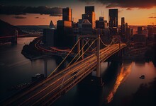 Pittsburgh Cityscape During Evening Light Featuring Fort Pitt Bridge. Generative AI