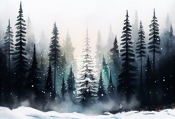 Hand-painted watercolor winter pine tree forest with falling snow and fog. Perfect for Christmas themed design. Generative AI