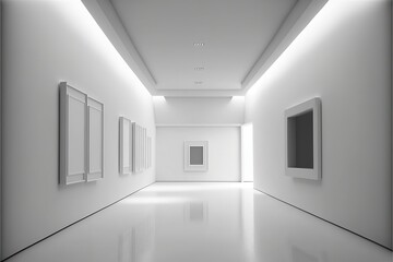 Wall Mural - Minimalistic interior design with plain white room of museum or gallery, empty space mockup in the hall with corridor for art shows or decorations. Superb Generative AI.