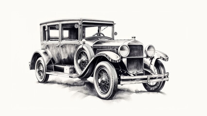 Illustration of a black and white sketch of classic car, AI-Generated image.