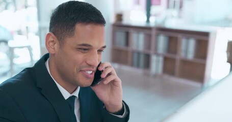 Aufkleber - Phone call, computer and happy man talking, discussion and networking for business, online advice or feedback in office. Corporate person with conversation for tech company opportunity or consulting