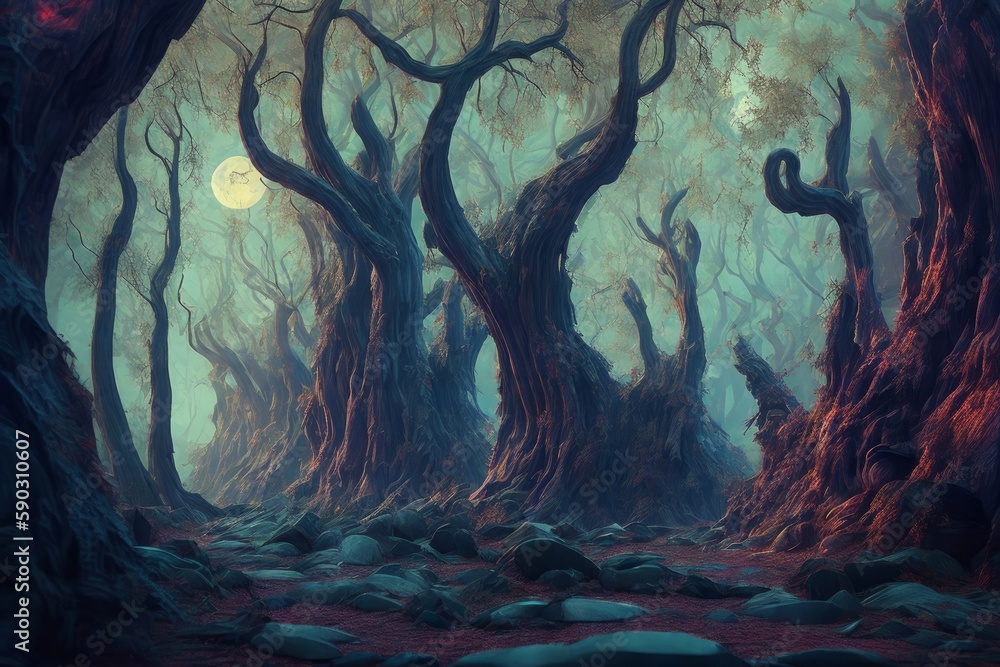 scary creepy mysterious forest with trees and moon.and campfire. Generative AI