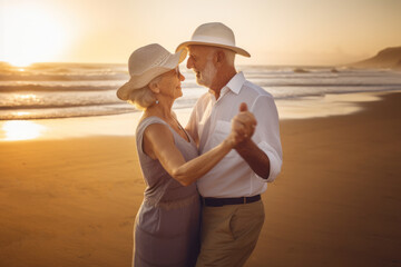 Wall Mural - Senior couple dancing on the beach. Retirement elderly family travel in vacations and summer. Generative AI.