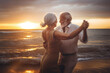 © junghc1 - Senior couple dancing on the beach. Retirement elderly family travel in vacations and summer. Generative AI.