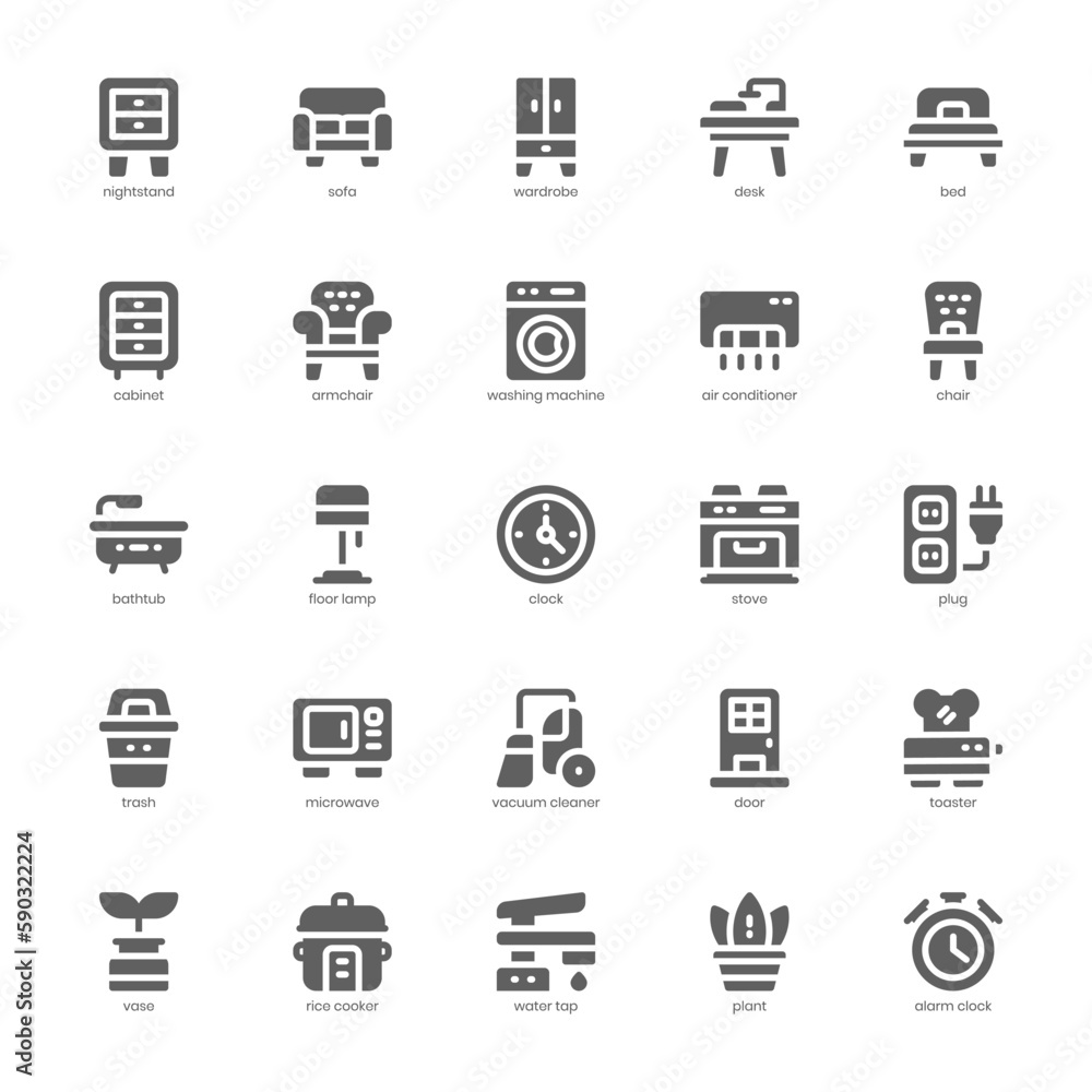 Household Equipment Icon pack for your website design, logo, app, and user interface. Household Equipment Icon glyph design. Vector graphics illustration and editable stroke.