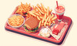 Hamburger and fries on a red tray, anime art style. generative AI