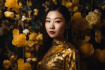 Japanese woman in angura kei gold floral dress, intricate design, vibrant flower, dark orange and light gold colors. generative AI