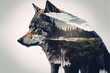 Majestic and powerful predator wildlife animal by lone grey wolf in solitude on double exposure background of wondrous natural landscape with forest and mountain by Generative AI