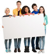 © BillionPhotos.com - Group of diverse multiethnic happy young people posing with a blank white rectabgular sign with copyspace for your advertisement or text on a grey background